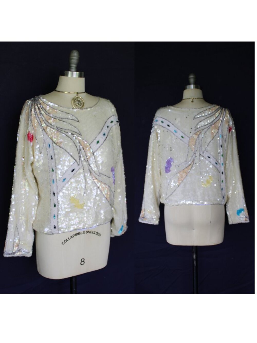 Oleg Cassini vintage 80s sequin beaded opalescent silver silk dress top tunic M
